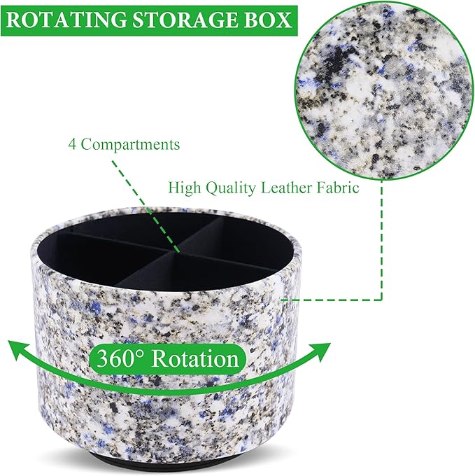 Round Leather Art Supply Organizer,Remote Control Holder,360-degree Rotating Pen Organizer with 4 Compartments(1-Marble Flower)