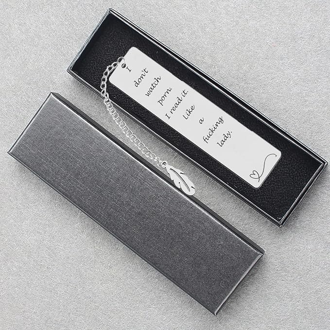 Teniinet Metal Bookmark Gift, 'I Don't Watch Porn. I Read it Like a Fking Lady' Stainless Steel Leaf Pendant Book Mark with Box for Women, Men, Friends, Teacher, Classmate, Book Lovers
