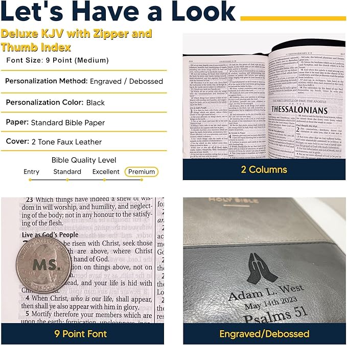 Personalized KJV Deluxe Standard Print King James Version Faux Leather Holy Bible with Thumb Index and Zippered Closure, Custom Name Includes Up to 3 Rows of Text with Red Letter Edition