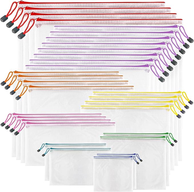 Mesh Zipper Pouch Bags, 32 Pcs Zipper Bags, 8 Size Waterproof Zipper Pouches for Organizing, Assorted Color Plastic Zipper Pouches, Mesh Bags with Zipper for Travel, School, Home and Office Supplies.