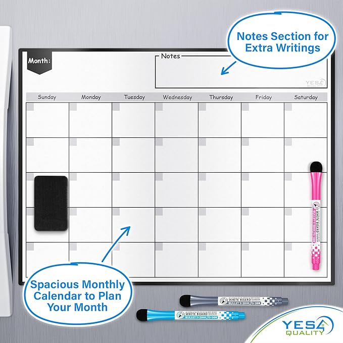 Magnetic Dry Erase Whiteboard Calendar for Fridge (16 x 12”), Refrigerator White Board Sheet w/ 3 Colorful Markers & Eraser, Monthly Meal Planner & Organizer for Family by Yes4Quality