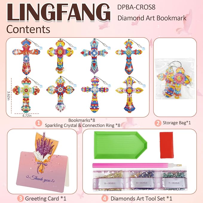 LINGFANG 8 Pcs Diamond Painting Bookmark, Diamond Art Kit for Adults, DIY Book Makers for Book Lovers, Religious Diamond Dot Beginners, Small Diamond Art Kit, Art Crafts Gift for Women (Latin Cross)