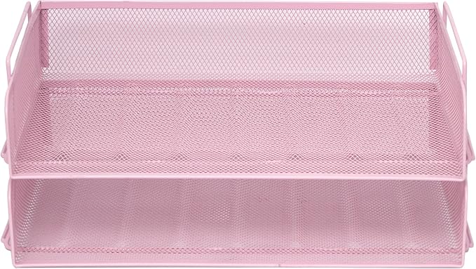 EASEPRES 2 Pack Stackable Desk Paper Tray, Metal Mesh Desktop Document Letter File Organizer for Office Home School, 13.5'' L x 9.75'' W x 5.5'' H, Pink