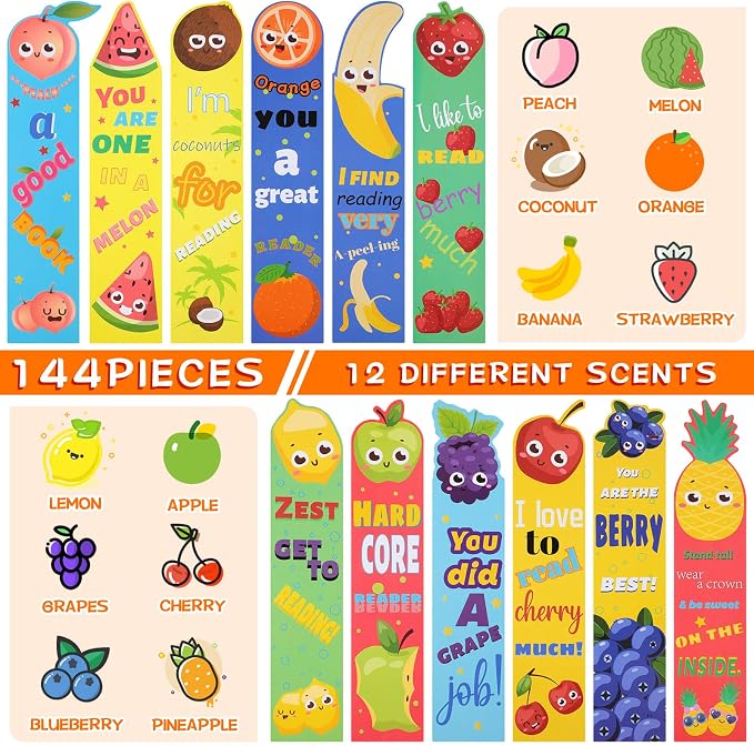 Gersoniel 144 Pieces Fruit Scented Bookmarks for Kids Bulk Scratch and Sniff Bookmarks Fun Smelly Book Marks Cute Gifts for Classroom Prizes Students Teens Food Lovers, 12 Styles