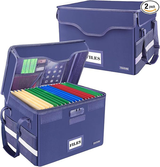 DocSafe Fireproof Document Box with Lock,File Storage Organizer with Pockets,Collapsible Portable File Box Home Office Safe Filing Cabinet with Handle for Hanging Letter/Legal Folders,Blue,2 Pack