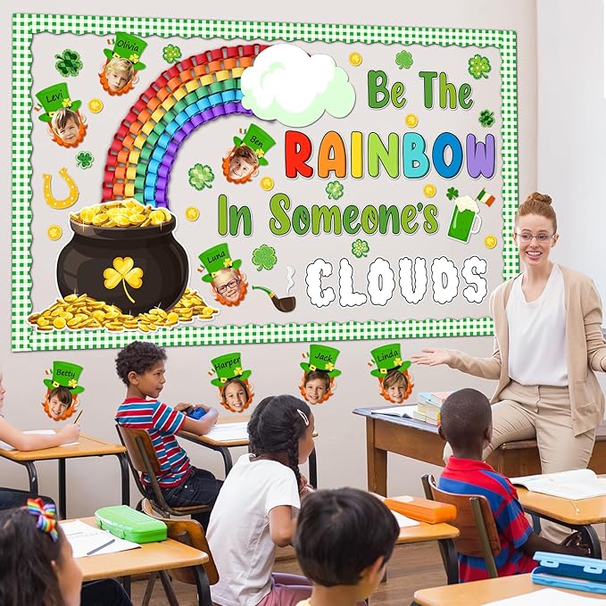 St. Patrick's Day Bulletin Board Set 3D Rainbow Gold Coin Classroom Decoration Leprechaun Bulletin Board Clover DIY Craft Photos Cutouts for Irish Holiday Home Classroom Nursery Chalkboard Wall Decor