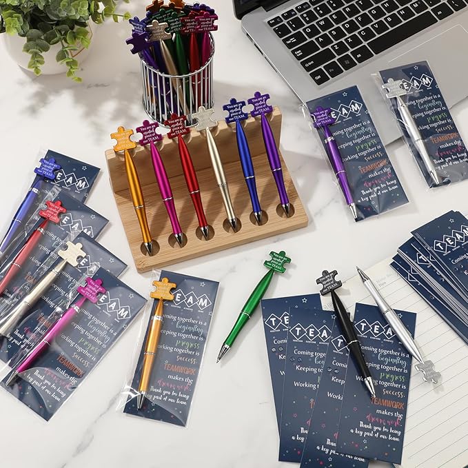 Sinload 60 Sets Team Appreciation Gifts Bulk Inspirational Puzzle Ballpoint Pens Motivational Cards Bookmark for Team Staff Office Coworker Employee Nurse Teacher Week Gifts