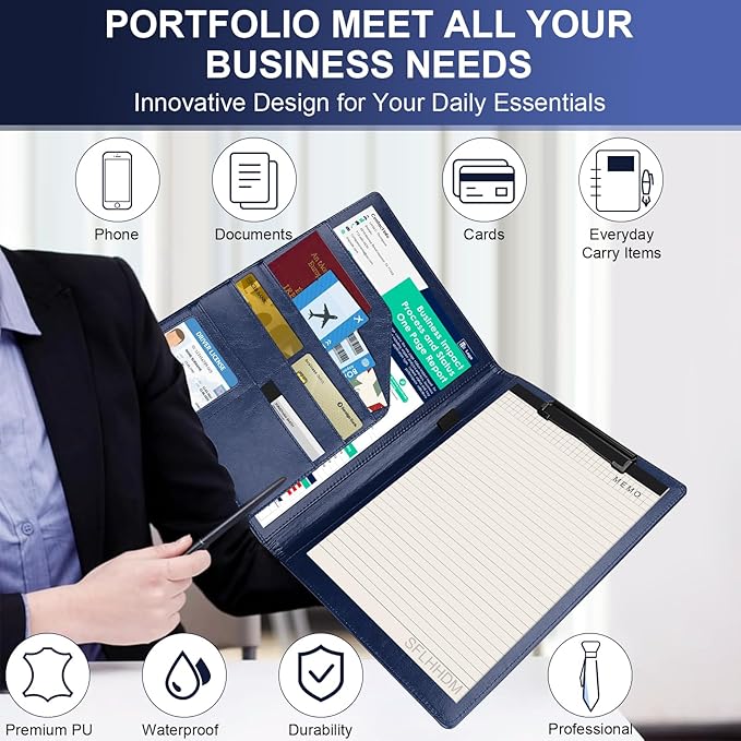 Clipboard Padfolio with Storage Pocket,Clipboard Folder Portfolio Organizer,360 Degree Foldable Clipboards with Refillable Notepad,Faux Leather Padfolio Organizer for Office School Supplies-Blue