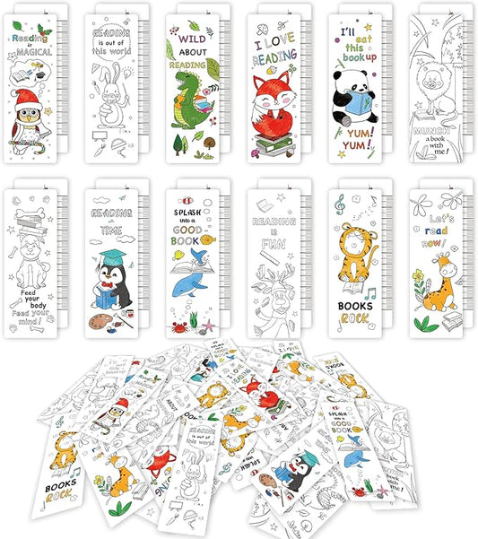 Anseal 60 PCS Color Your Own Bookmarks Bulk, DIY Bookmarks for Kids/Teens, Cute Animal Bookmarks for Reading Lover, 12 Styles Fun & Personalized Bookmark for Students, Classroom Rewards Supplies