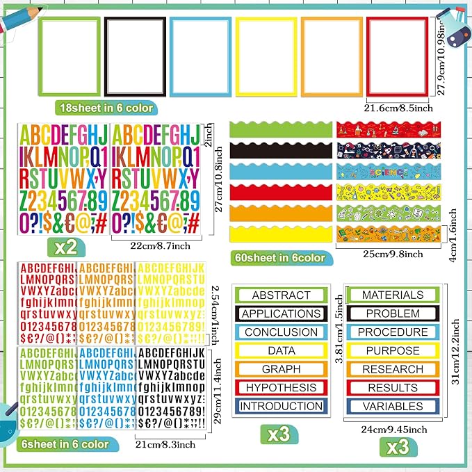 Sinload 92 Pcs Science Fair Board Supplies 60 Trim Scalloped Poster Boards 18 Presentation Subtitles 6 Project Titles 8 Letter Sticker for Classroom Display Boards(Multicolor,Science Lab)