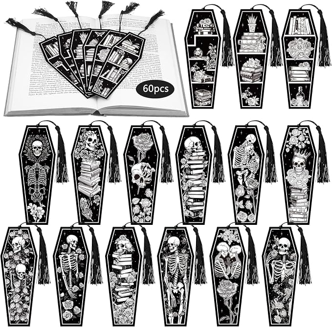 Kolldenn 60 Pcs 12 Styles Gothic Skeleton Coffin Bookmark Horror Bulk Bookmarks Double Sided Book Tracker Skull Gothic Book Marker with Black Tassels for Graduation Teacher Goth Party Favors Gifts