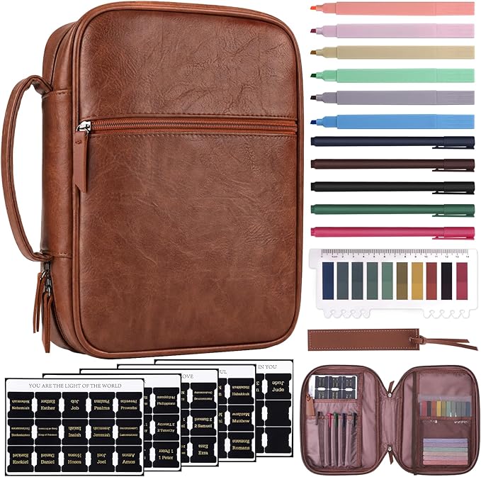 XKDOUS Leather Bible Cover Book Carrying Case Classic Church Bag Holder Portable Study Supplies Organizer with Handle, Pockets Father Day Christian Gift for Dad, Men, Women, Friends