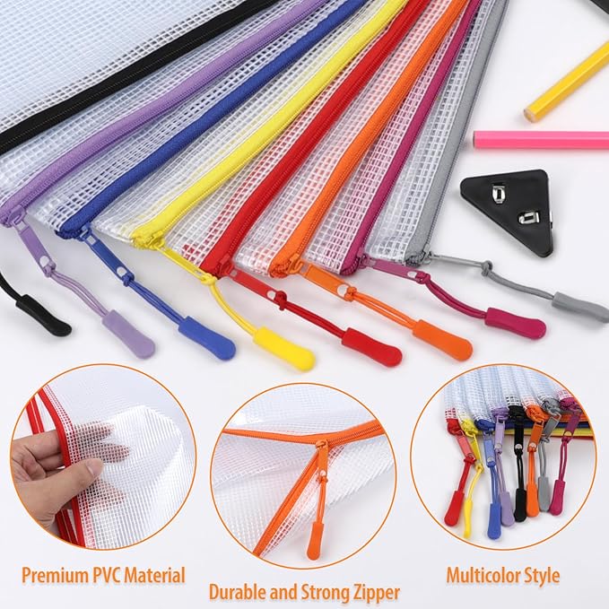 20PCS Mesh Zipper Pouch Bags, A4 13x9 Inches Waterproof Mesh Bags with Zipper, Plastic Zipper Pouch for Organizing, Mesh Bag for Travel Storage, 8 Colors Assortment