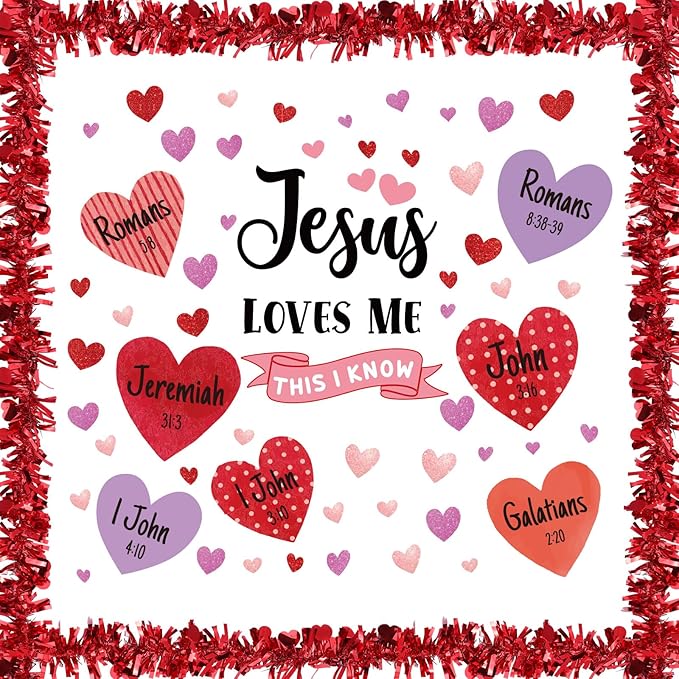 Fuutreo 57 Pcs Easter Christian Bulletin Board Set Religious Jesus Loves Me This I Know Heart Cutouts with Tinsel Twist Garland for Sunday School Classroom Decor