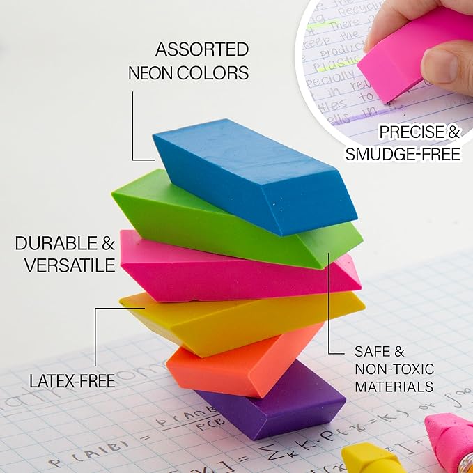 BAZIC Products Erasers, Neon Bevel Eraser, Latex Free, Large Size Block Erasers for Art Drawing School Office Teachers (6/Pack), 24-Packs