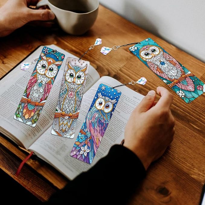 4 Pcs Diamond Painting Bookmarks, Owl DIY 5D Special Shaped Rhinestone Bookmark Kits for Adults, Handmade Diamond Art Bookmark with Tassel Pendant for Reading Gifts