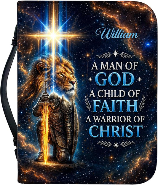 Personalized Man of God Bible Cover for Men, Christian PU Leather Bible Case with Handle Zipper, God Says I Am Warrior Scripture Bible Holder, Religious Gift for Men (Warrior of Christ 2)