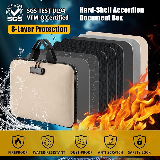 Fireproof Document Box with Combination Lock, Hard-Shell Fireproof File Organizer for Legal Documents, Laptop, Valuables & Important Papers, 13-Pocket Accordion File Folder
