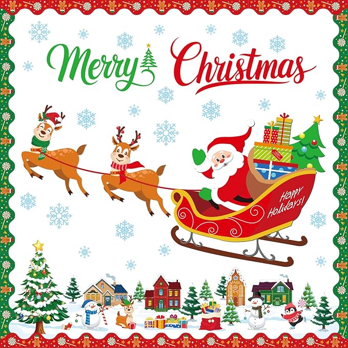 AmazingSpark 81 Pcs Christmas Bulletin Board Decorations with 300 Pcs Glue Points Santa Claus, Xmas Trees, Snowflakes, Gingerbread House Cutouts for School Classroom Wall Decoration