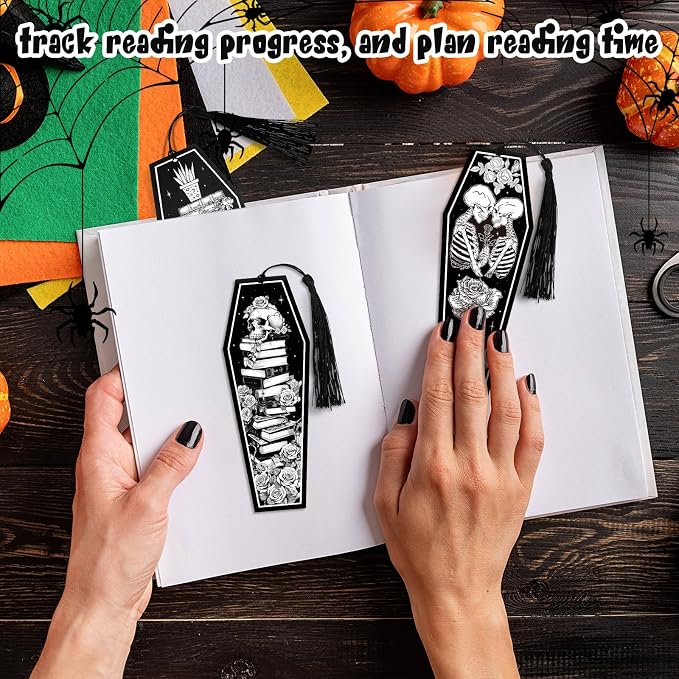 Kolldenn 60 Pcs 12 Styles Gothic Skeleton Coffin Bookmark Horror Bulk Bookmarks Double Sided Book Tracker Skull Gothic Book Marker with Black Tassels for Graduation Teacher Goth Party Favors Gifts