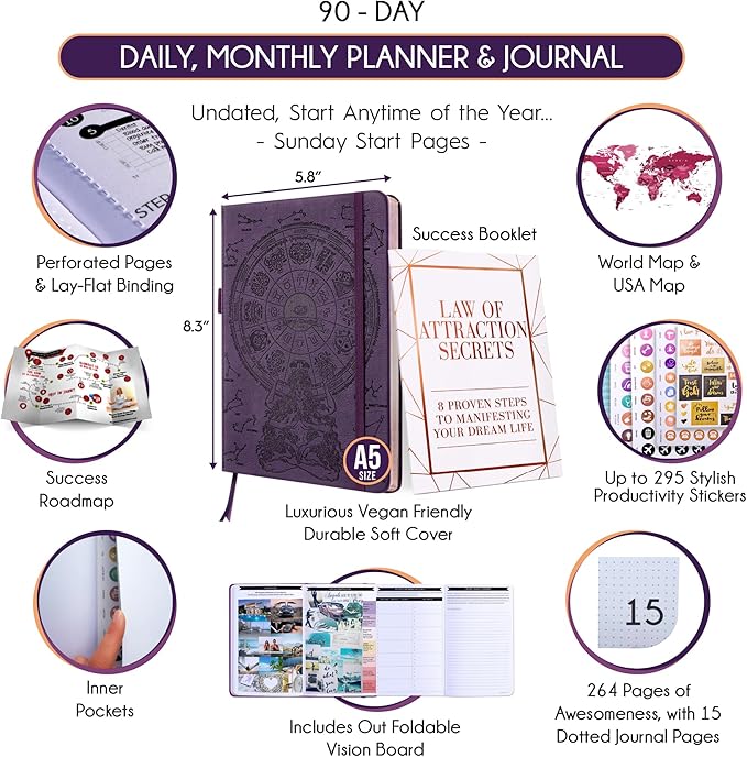 Guided Journal - Gratitude & Mental Health Journal for 5 Minute Daily | 90-Day Undated Planner for Positivity & Manifestation | Guided Mindfulness, Self Care & Reflection | Vision Board + Stickers
