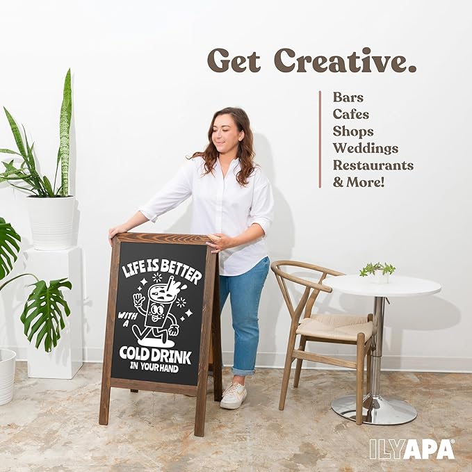 Ilyapa Wooden A Frame Sign Sandwich Board with Eraser & Chalk - 40 x 20 Inches Magnetic Chalk Board Easel Sign – Rustic Natural Wood Sidewalk Chalkboard Signs Menu for Restaurant, Business or Wedding