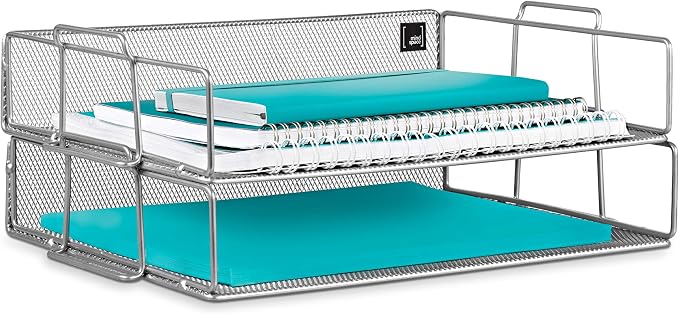 Mindspace 2 Tier Stackable Letter Tray | Paper Tray Desk Organizer | The Mesh Collection, Silver