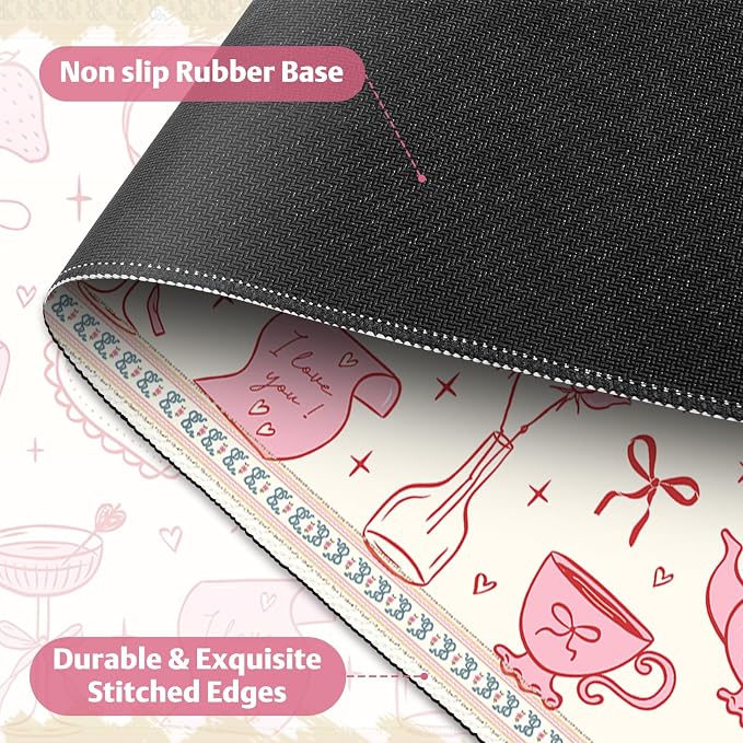Desk Pad for Keyboard and Mouse, Large Mouse Pad for Desk, Non-Slip Keyboard Mat, Computer Mats for Desk, Cute Desk Pad with Stitched Edges for Office, Gaming I Kawaii Pink Bow Heart