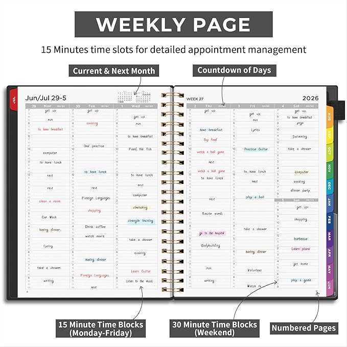 EMSHOI 2026-2027 Appointment Book, A4 15-Minute Hourly Planner, July 2026 - June 2027, Academic Planner Weekly and Monthly, 100GSM Thick Paper, Flexible Cover, Note Pages, Colorful Tabs, Black
