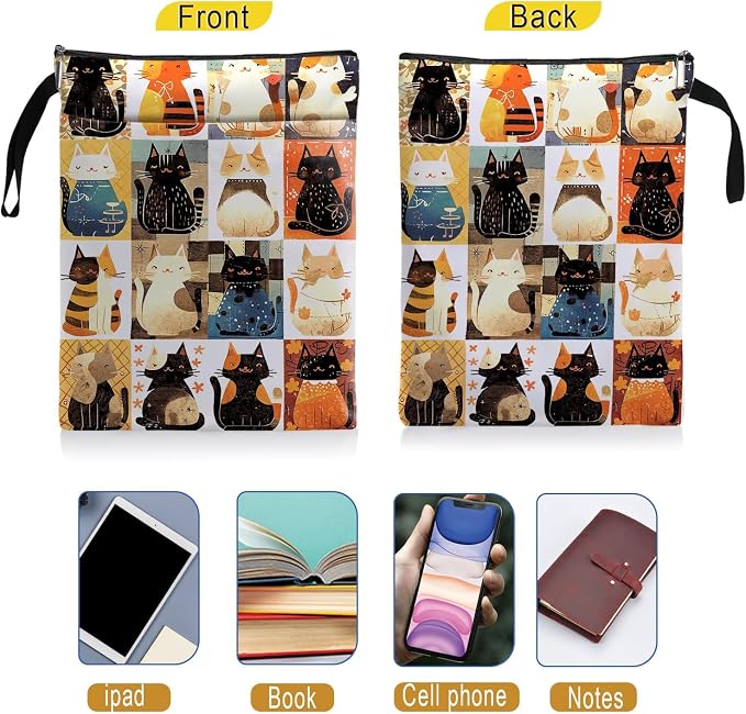 Cat Book Sleeve - Book Covers with Zipper, Book Covers for Paperbacks, Cat Themed Gifts for Women, Graduation Birthday (Black, Large)