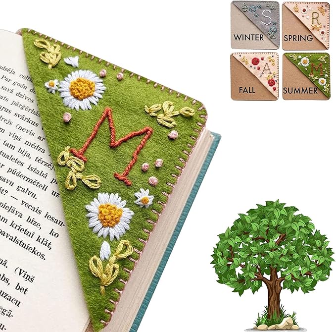 Personalized Hand Embroidered Corner Bookmark, 26 Letters Cute Flower Embroidered Corner Bookmark Embroidery Book Marker Clip for Book Lovers Bookmarks for Reading Lovers Meaningful GIF (Spring, N)