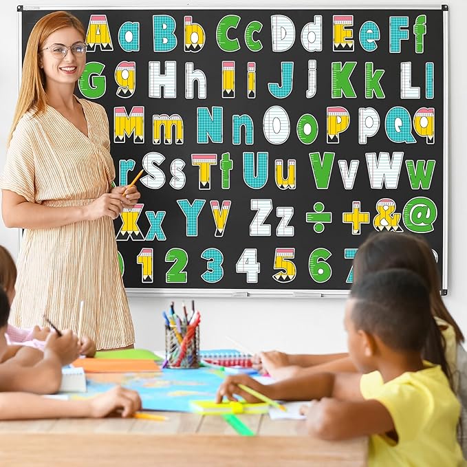 150Pcs Bulletin Board Letters Back to School Classroom Decor Pencil Lined Ruler Checked Alphabet Combo Set Alphabets Numbers Symbols Paper Cutouts for School Classroom Blackboard Decoration Supplies