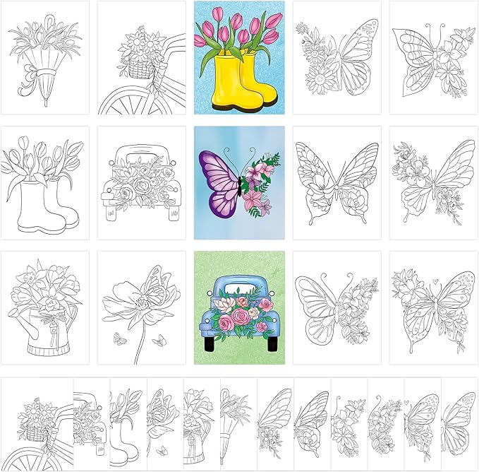 COCHIE 36PCS 8x10 Inches Spring Coloring Pages for Kids, Bulk Color Your Own Spring Butterfly Paper Crafts Party Favors, Small Coloring Sheets Easter Basket Filler Gifts