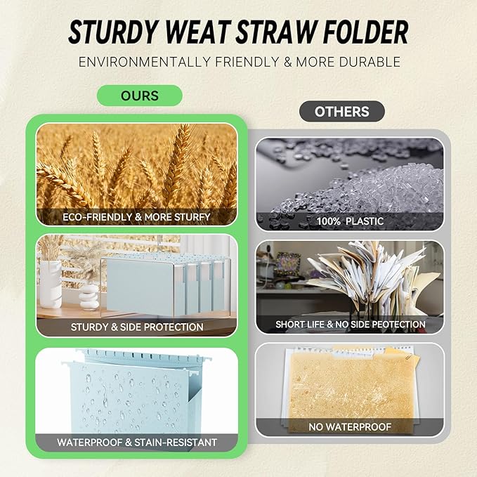 XINGIA Extra Capacity Wheat Straw Hanging File Folders Legal Size,2 Inch Expanding Pocket Folder Heavy Duty,12 Pack Reinforced Plastic File Organizer for Bulk Files/Medical Charts(Morandi Blue)
