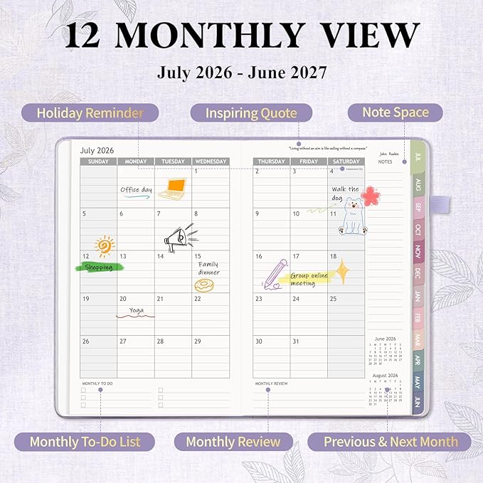 2026-2027 Planner Weekly and Monthly, Jul 2026 - Jun 2027, A5 Linen Cover Calendar Planner 2026-2027, Agenda Book with Colorful Monthly Tabs, Inner Pocket (5.8" x 8.3", Purple)