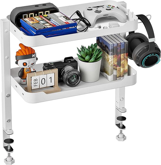 ARES WING 2-Tier Clamp On Desk Shelf, 16 inch Adjustable Above or Under Desk Storage Shelves Holds 66 lbs, Heavy Duty Desktop Organizer with Headphone Holder for Working and Gaming Accessories, White