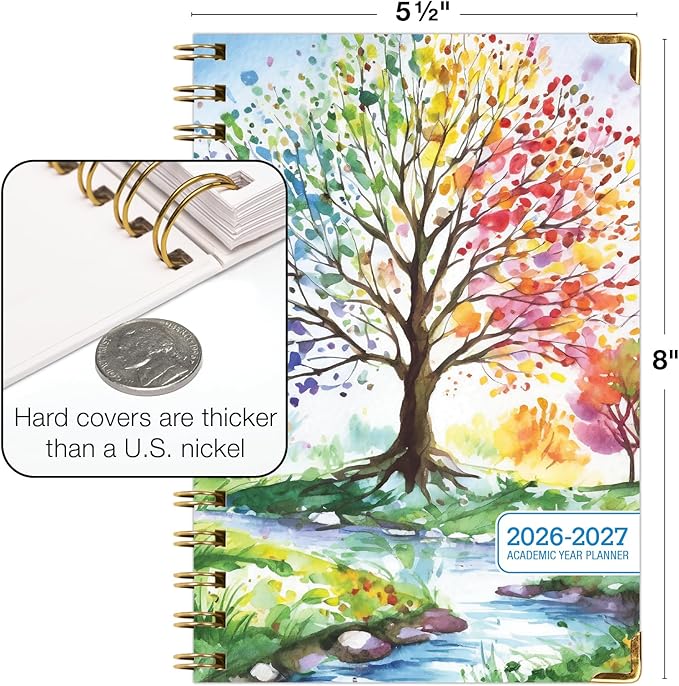 HARDCOVER Academic Year 2026-2027 Planner: 14 Months (May 2026 Through June 2027) 5.5"x 8" Daily Weekly Monthly Planner Yearly Agenda. Bookmark, Pocket Folder and Sticky Note Set (Tree Seasons)