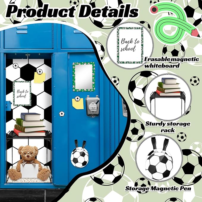 Demonwer 14 Pcs Locker Accessories Kit Soccer Themed Locker Organizer Magnetic Whiteboard Mirror Pen Holder Soccer Stickers for Back to School Essentials Locker Decorations