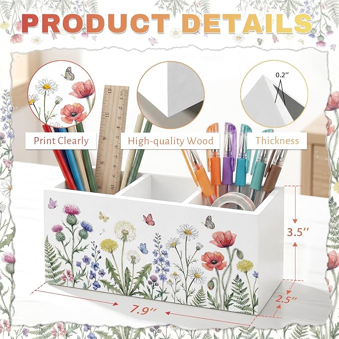 Wildflower Pen Pencil Holder for Office Desk Spring Wildflower Office Decor Wooden Floral Organizer Desktop Decor Gift for Girls Spring Makeup Brush Toothbrush Holder for Bathroom Desk Accessories