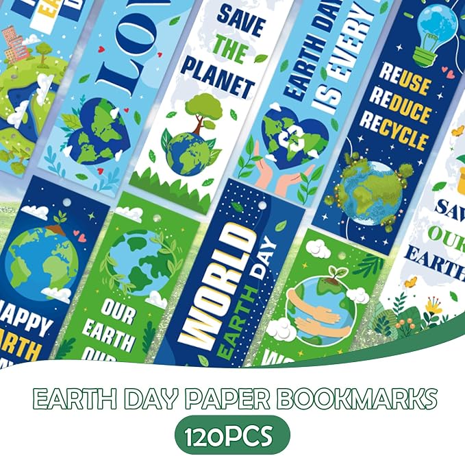 120 Pcs Earth Day Bookmarks, Double Sided Environmental Awareness Earth Day Decorations, Motivational Bookmark Bulk for Classroom School Party Favors Giveaways