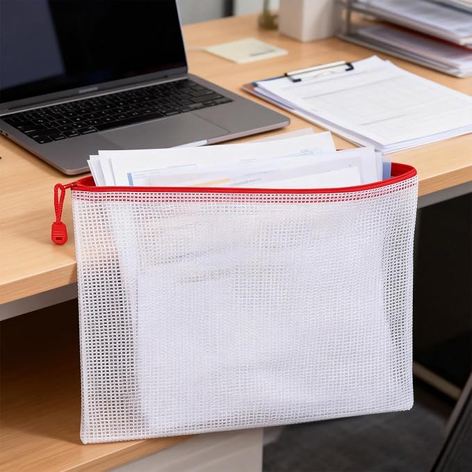 7-Pack Mesh Zipper Pouch with 1 Organizer Bag, A4 Size (13x9.4) Clear Waterproof File Bags, Fits 14 Inch Laptop, Professional Office & College Organizing System (8pcs)