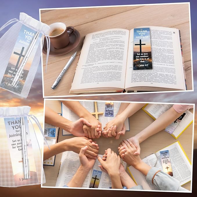 Dispowreath 72 Pcs/36 Sets Church Welcome Gifts Bulk Includes 36 Pcs Church Visitor Bookmarks 36 Pcs Thank You for Joining Us Ballpoint Pens with Gift Bags for Visitors Prayers Baptism Party Favors