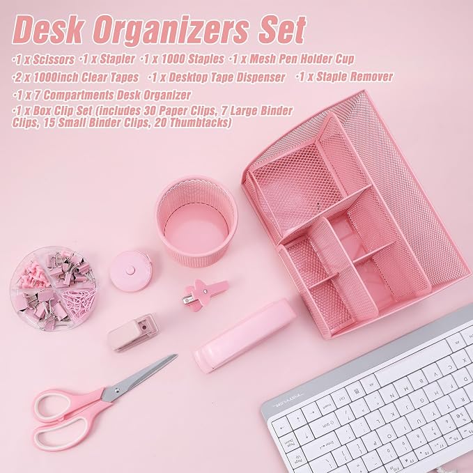 Pink Office Supplies, 12PCS Pink Desk Accessories Set Include Mesh Desk Organizer, Tape Dispenser, Stapler, 1000 Staples, Staple Remover, Pen Holder, Clips Set, Scissors, Sticky Notes for Women