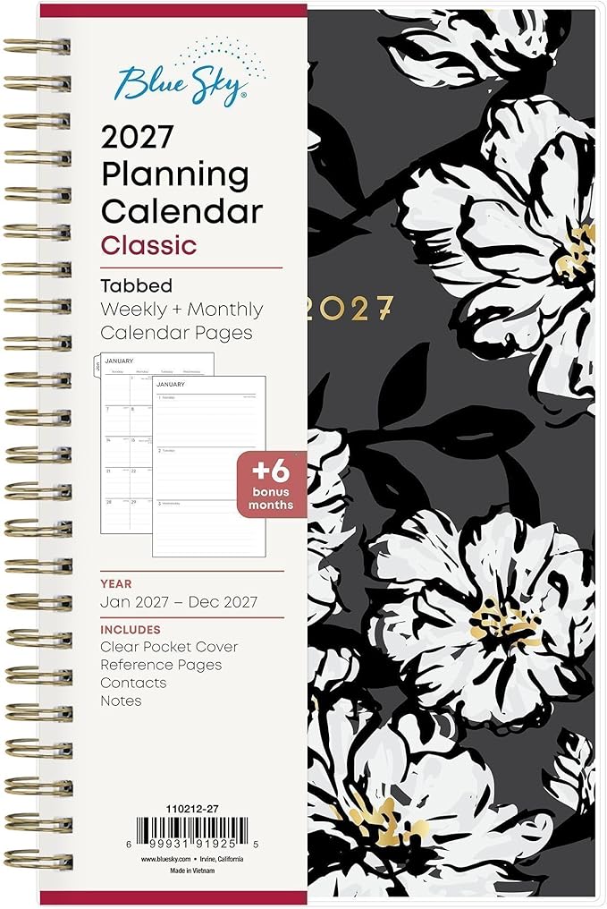 Blue Sky 2027 Weekly and Monthly Planner Calendar, January 2027 - December 2027, 5" x 8", Clear Pocket Cover, Laminated Tabs, Durable Twin Wire Binding, Baccara Dark
