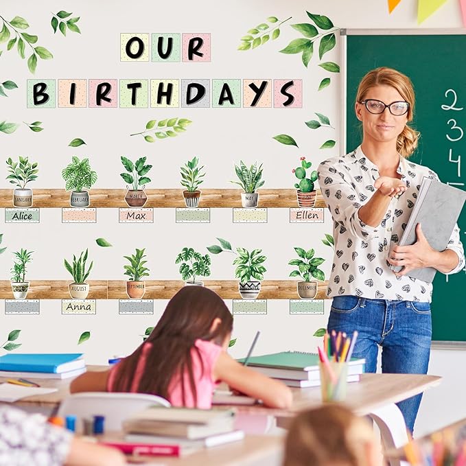 FYSUIMU 84 Pcs Birthday Bulletin Board Decoration Set Boho Plant Leaves Birthday Bulletin Board Border Greenery Paper Cutouts for Back to School Classroom Month Calendar Preschool Chalkboard Supplies