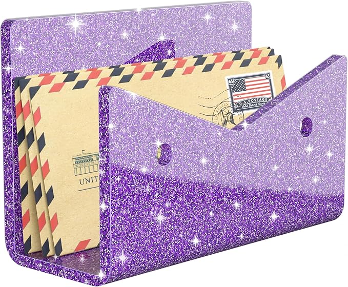 Mail Organizer Envelope Holder - Glitter Purple Acrylic Mail Holder Countertop Vertical Desk Organizer Small File Bill Document Notebook Letter Sorter for Home School Office Supplies