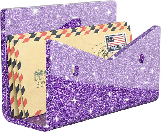 Mail Organizer Envelope Holder - Glitter Purple Acrylic Mail Holder Countertop Vertical Desk Organizer Small File Bill Document Notebook Letter Sorter for Home School Office Supplies