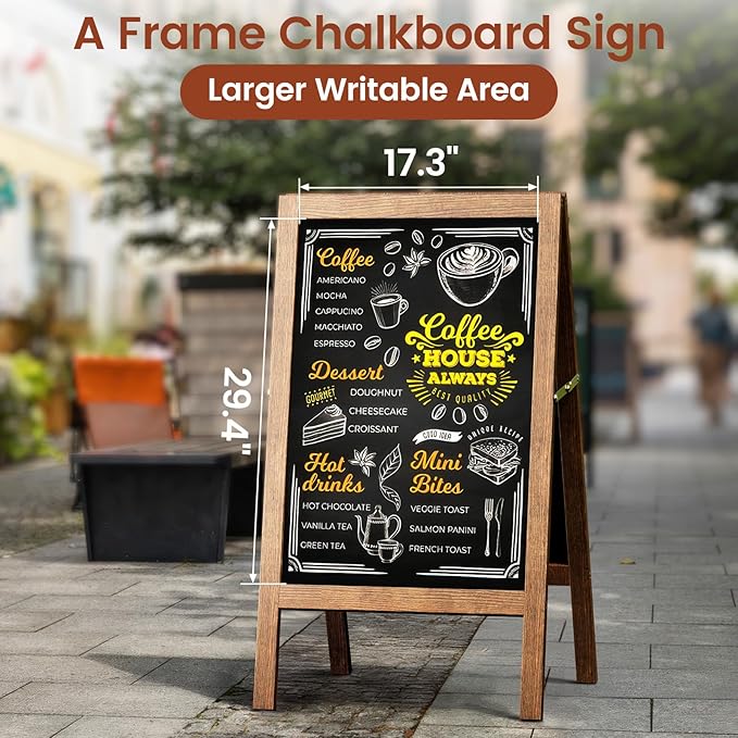 Chezerra A Frame Chalkboard Sign, 40"x20" Extra Large Sidewalk Chalk Board, Wooden Standing ChalkBoards Set with Markers, Double-Sided Magnetic Blackboard for Cafés, Weddings, Party Guide, Brown