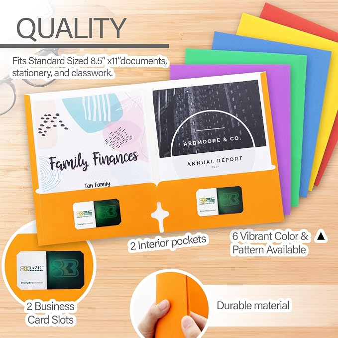 BAZIC Products Asst. Color 2-Pocket Portfolios, for Filing Office Home, Set of 10