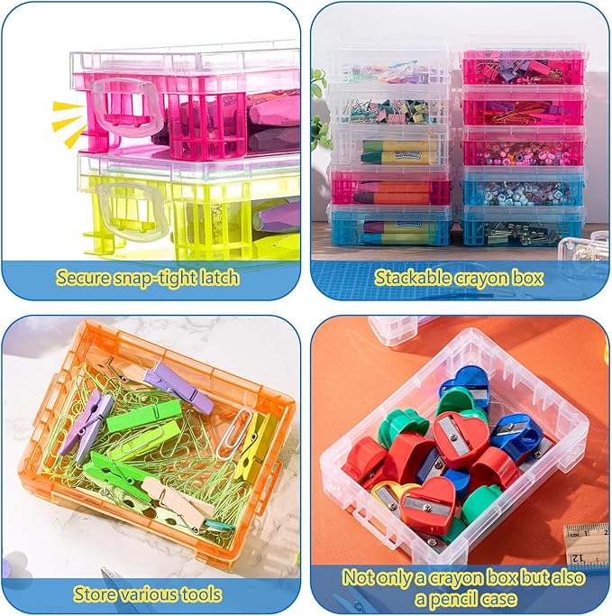 Suzile 40 Pcs Plastic Crayon Boxes Holds 24 Crayon with Snap Lid Storage Container Clear Stackable Case for School Office Classroom Supplies Pen Pencil Craft(Clear, Red, Green, Blue, Orange)